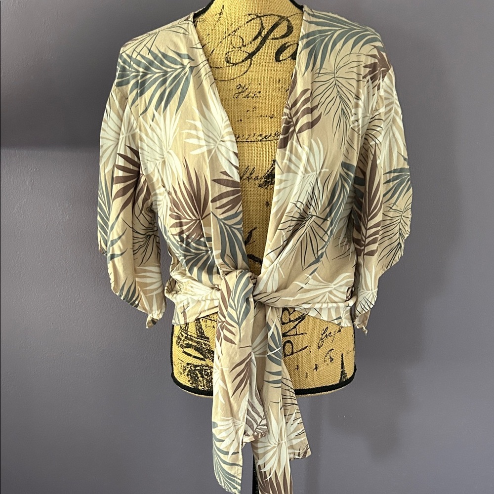 Tropical Leaf Print Tie Front Kimono Cardigan